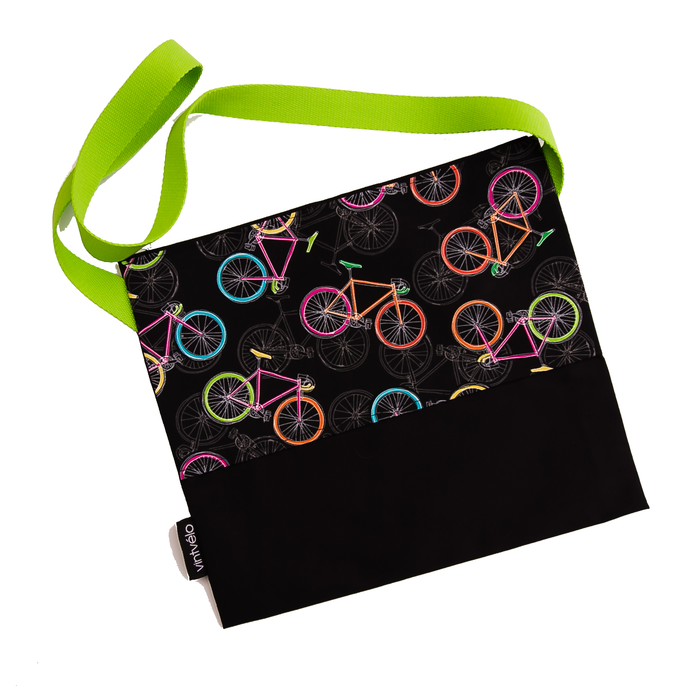 Cycling musette bag – Bike print and lime strap – vintvélo